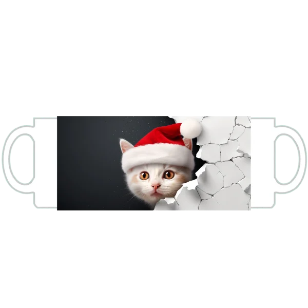 Cica, mikulás sapban kukucskál bögre
